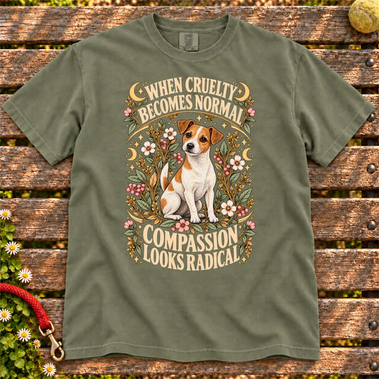 Compassion Looks Radical Jack Russell design on a Moss Comfort Colors T-shirt