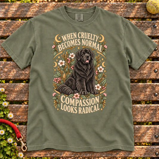 Compassion Looks Radical Newfie design on a Moss Comfort Colors T-shirt