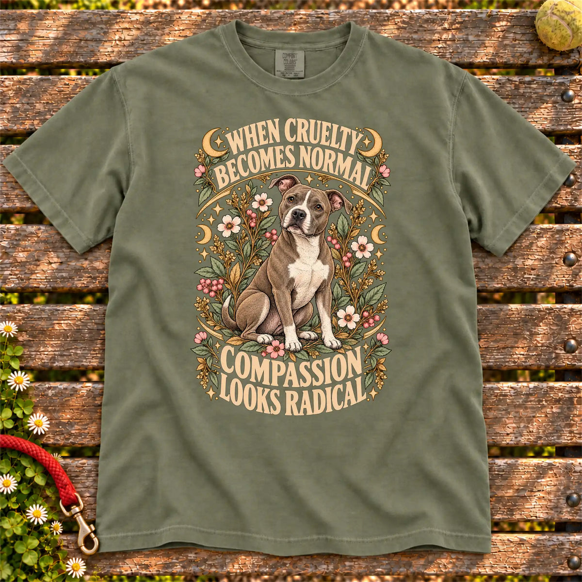 Compassion Looks Radical Pitbull design on a Moss Comfort Colors T-shirt