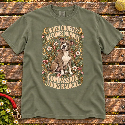 Compassion Looks Radical Pitbull design on a Moss Comfort Colors T-shirt