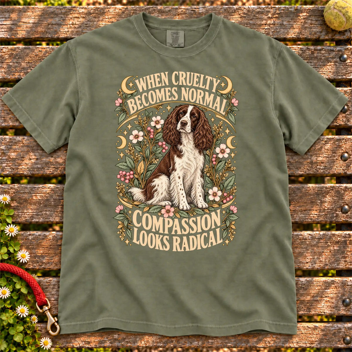 Compassion Looks Radical Springer Spaniel design on a Moss Comfort Colors T-shirt