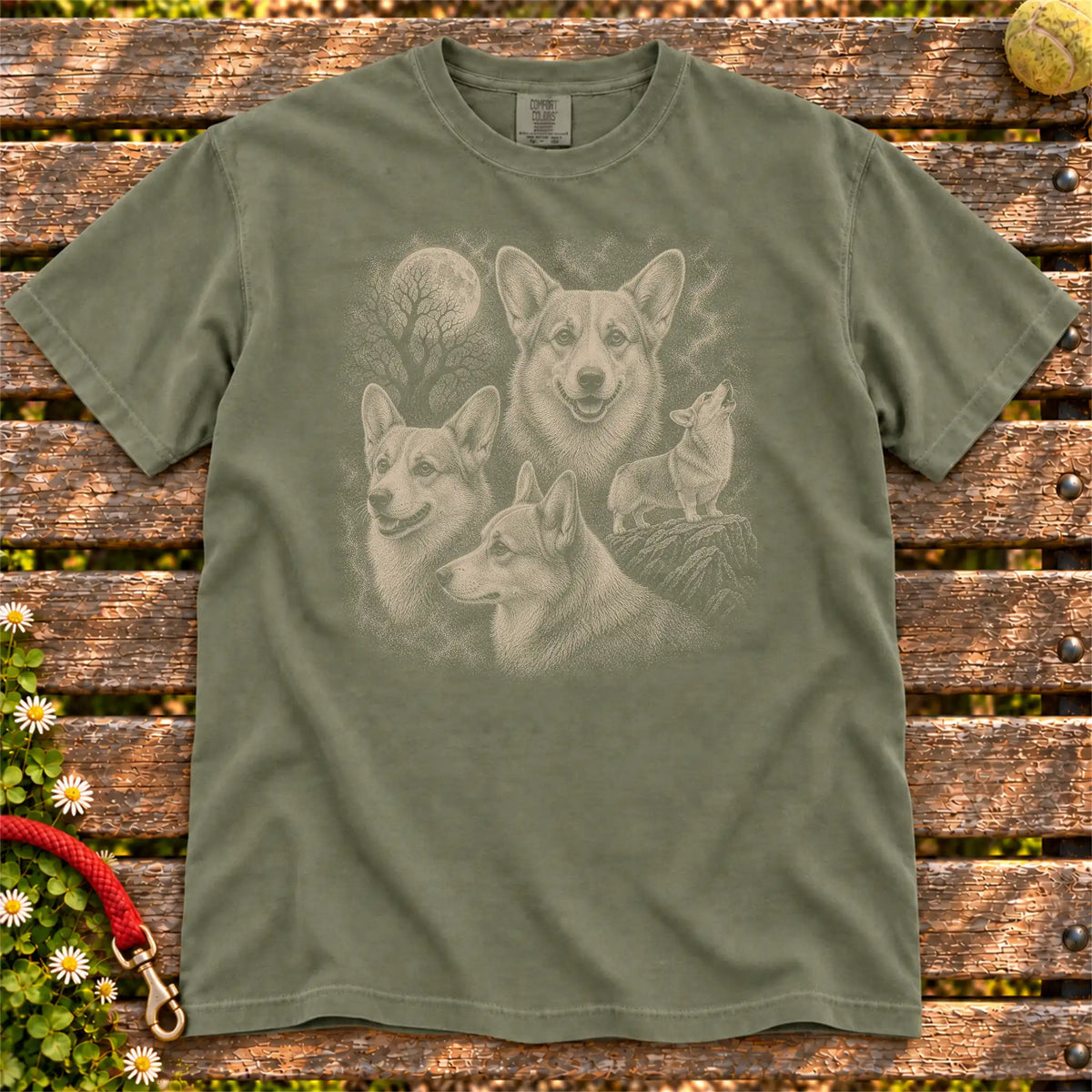 Corgi 90s Moon design on a Moss T-shirt shown flat