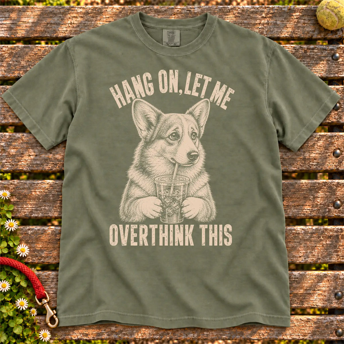 Overthinking Corgi design on a Moss Comfort Colors T-shirt, shown flat