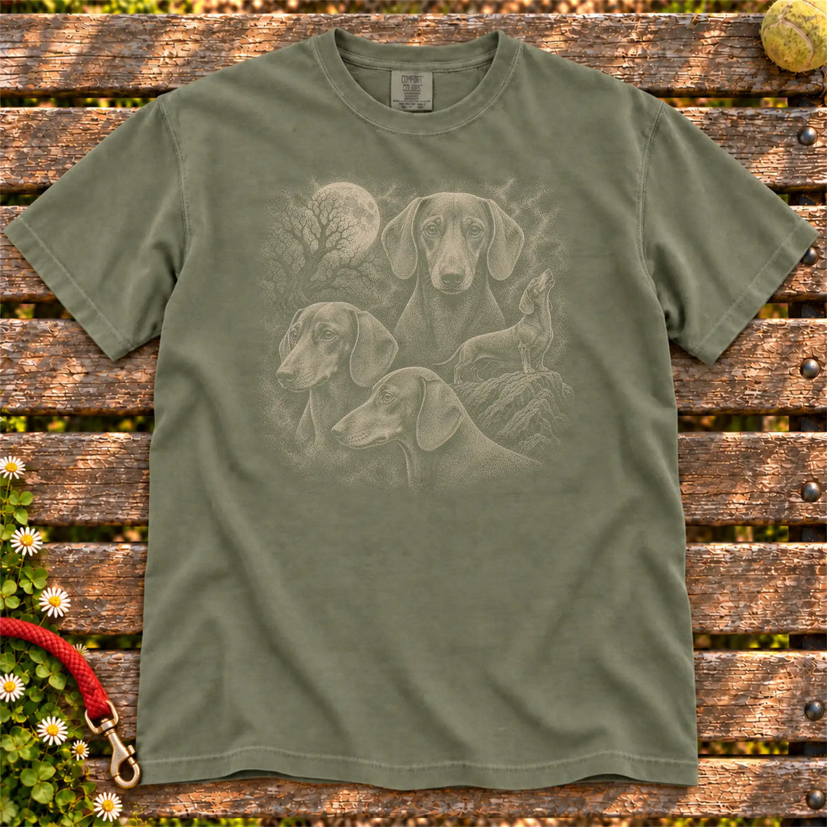 Dachshund 90s Moon design on a Moss T-shirt shown flat