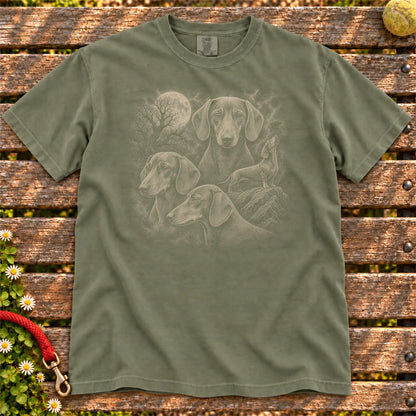 Dachshund 90s Moon design on a Moss T-shirt shown flat