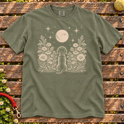 Dachshund Moon Garden on a Moss T-shirt, shown flat