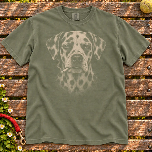 Dalmatian smoking design on a Moss t-shirt
