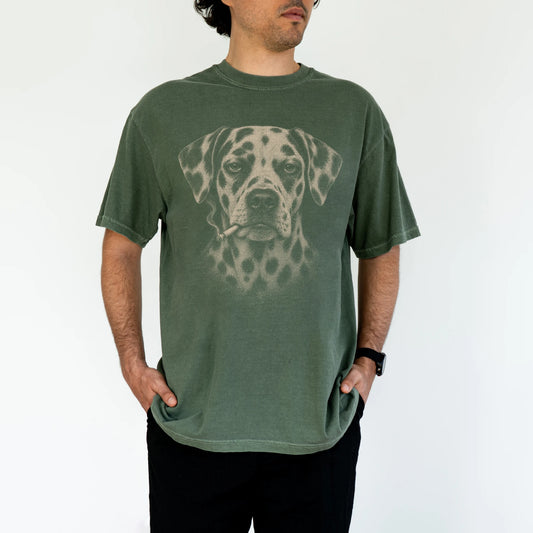 Model wearing a Dalmatian smoking design on a Moss t-shirt