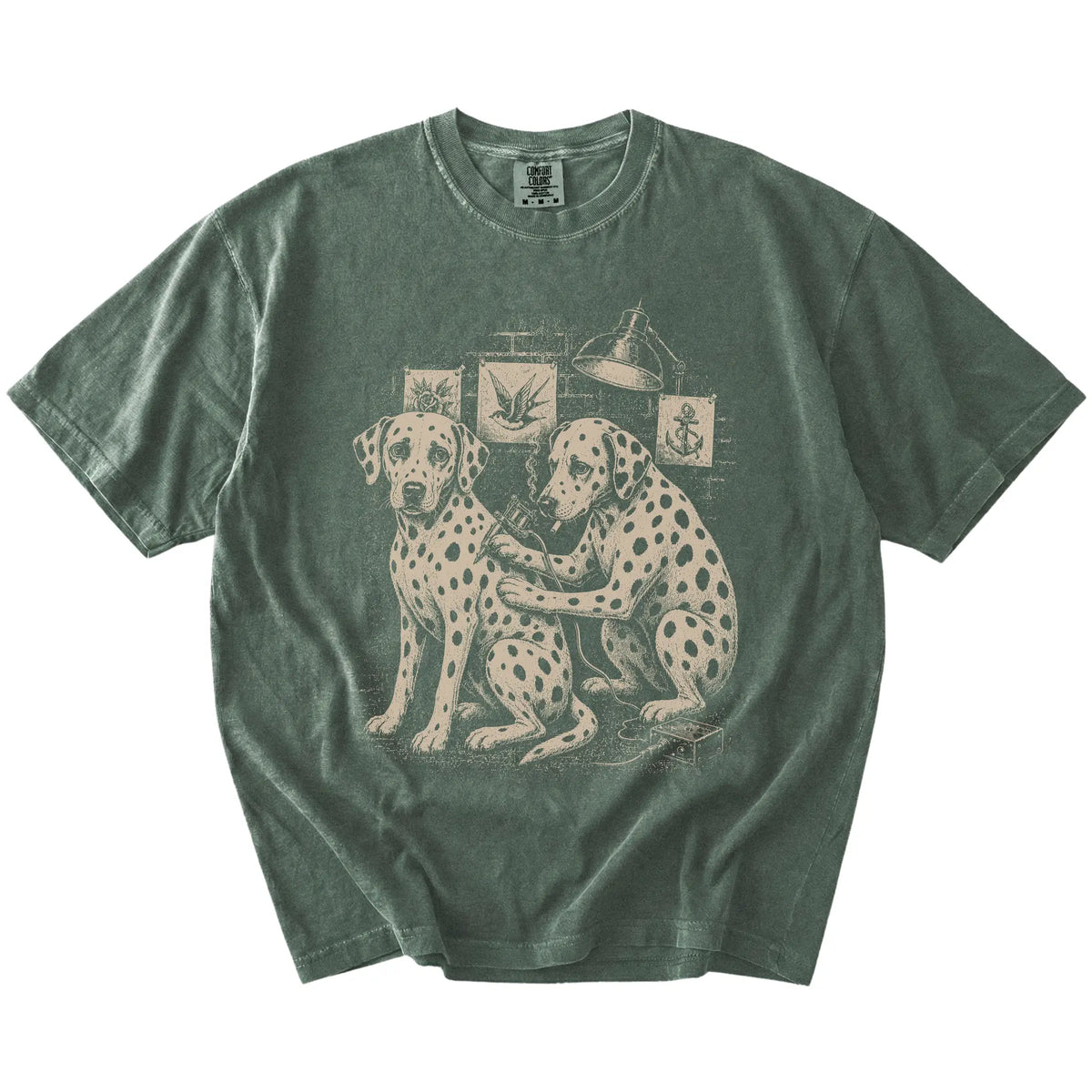 Moss Dalmatian Tattoo t-shirt laid flat