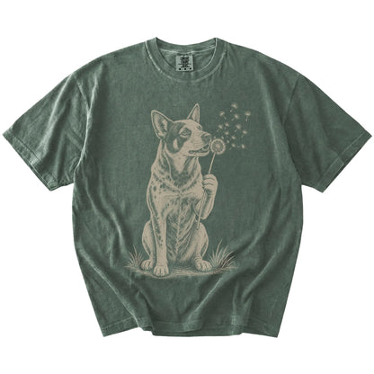 Blue Heeler portrait with drifting dandelion seeds on a Moss Comfort Colors® T-shirt