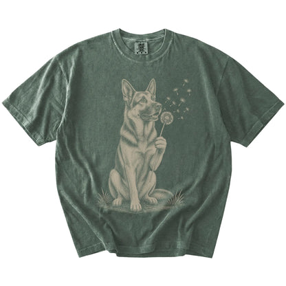 German Shepherd portrait with drifting dandelion seeds on a Moss Comfort Colors® T-shirt