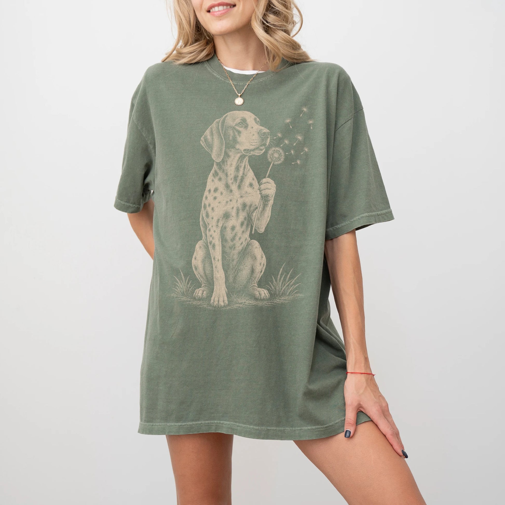 Model wearing a Moss Comfort Colors® T-shirt showing Pointer portrait with drifting dandelion seeds