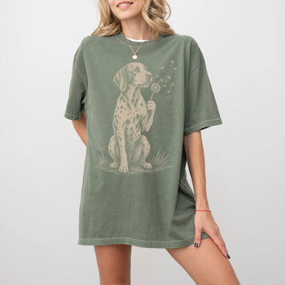 Model wearing a Moss Comfort Colors® T-shirt showing Pointer portrait with drifting dandelion seeds