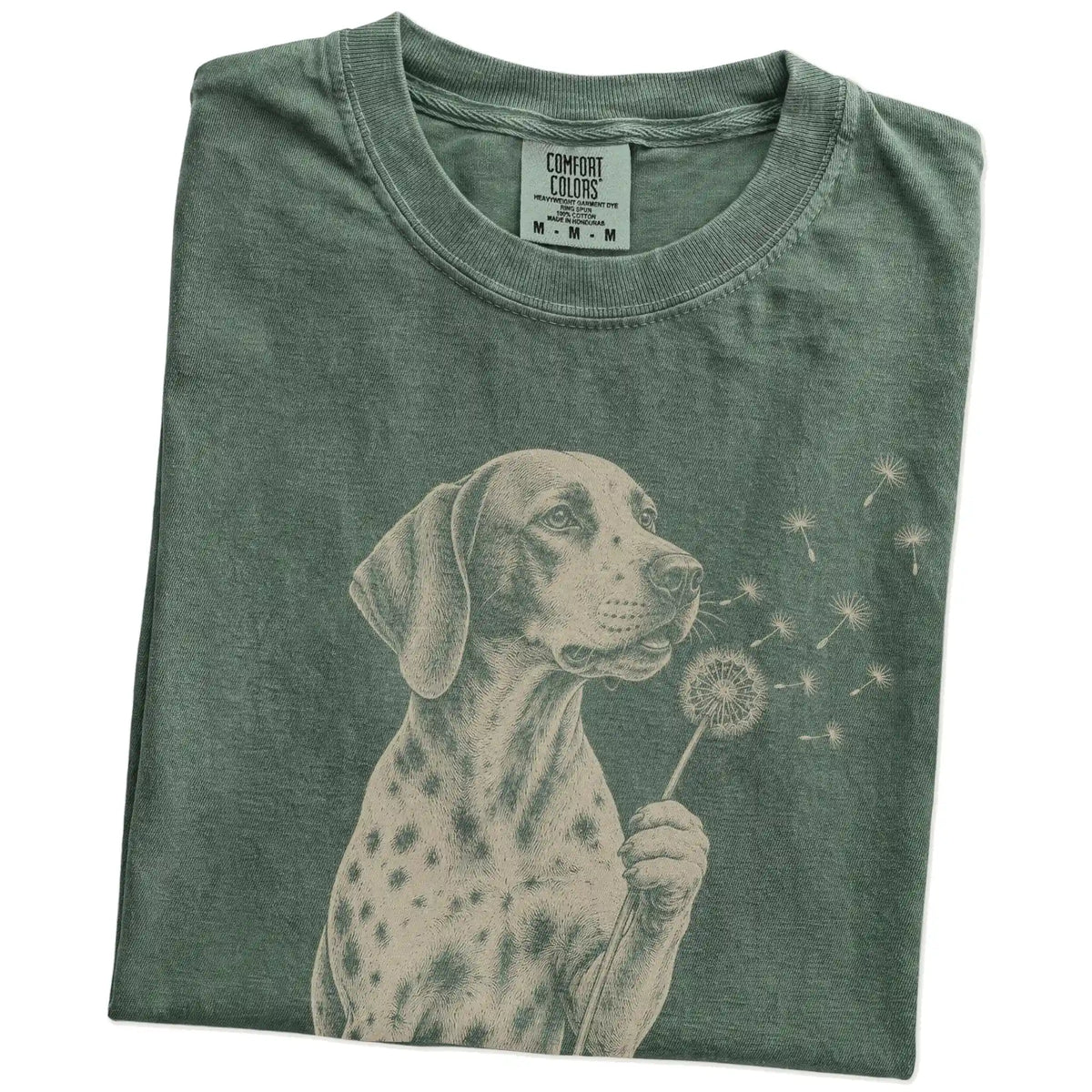 Folded Moss Comfort Colors® T-shirt showing Pointer portrait with drifting dandelion seeds