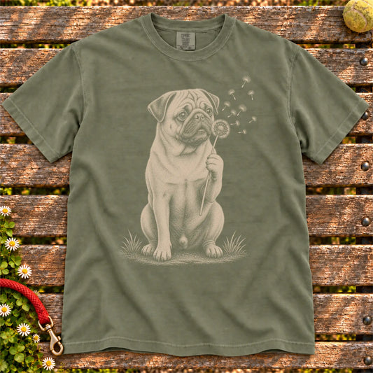 Dandelion Pug design on a Moss Comfort Colors T-shirt, shown flat