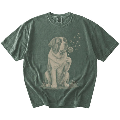 Saint Bernard portrait with drifting dandelion seeds on a Moss Comfort Colors® T-shirt