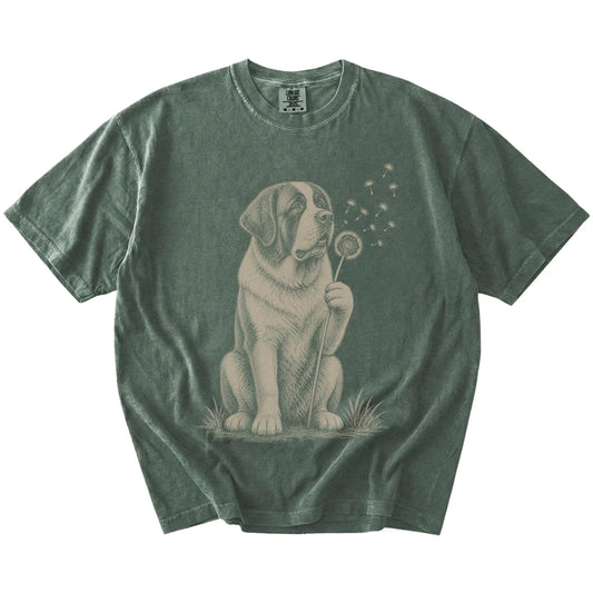 Saint Bernard portrait with drifting dandelion seeds on a Moss Comfort Colors® T-shirt
