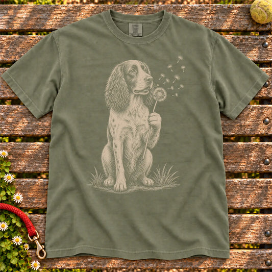 Dandelion Springer Spaniel design on a Moss Comfort Colors T-shirt, shown flat