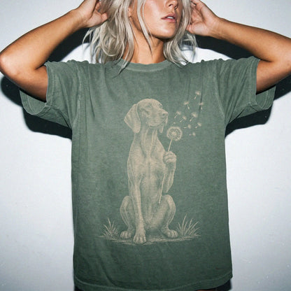 Model wearing a Moss Comfort Colors® T-shirt showing Vizsla portrait with drifting dandelion seeds