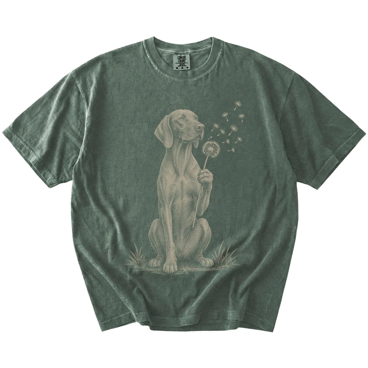 Vizsla portrait with drifting dandelion seeds on a Moss Comfort Colors® T-shirt