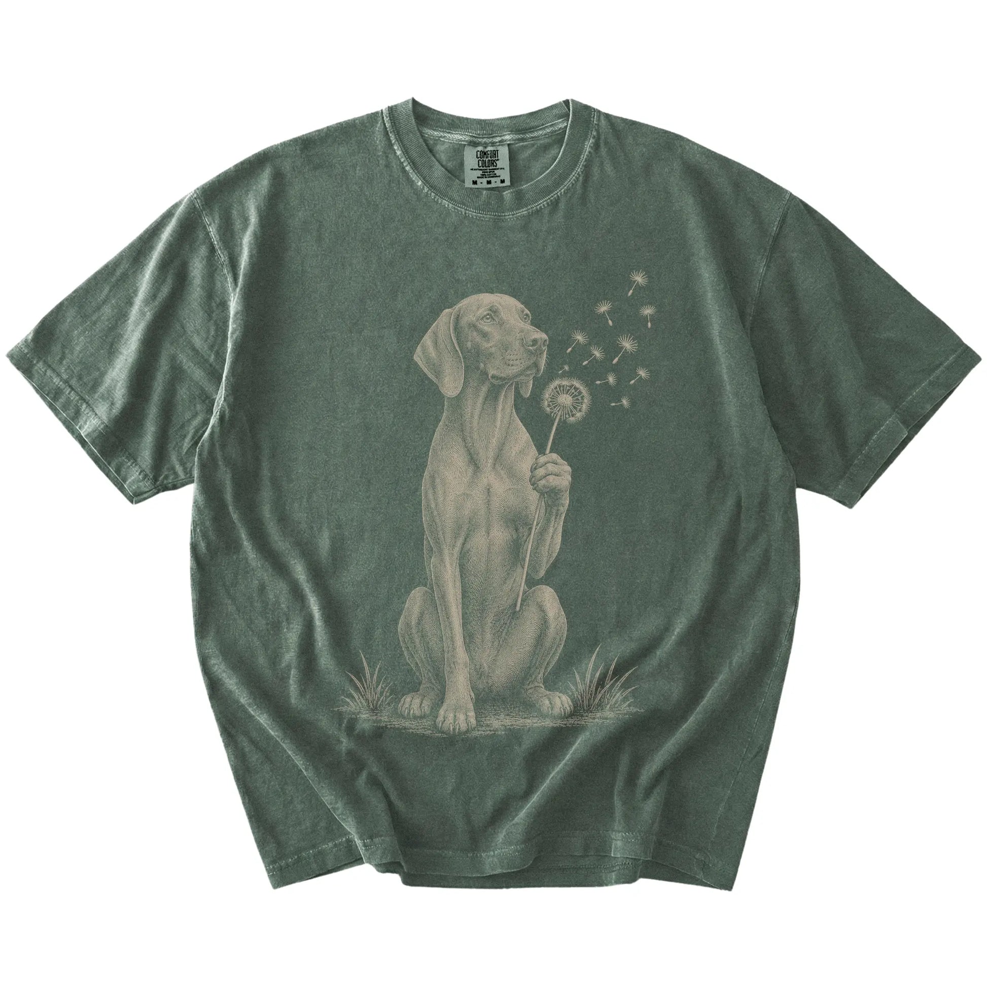 Vizsla portrait with drifting dandelion seeds on a Moss Comfort Colors® T-shirt