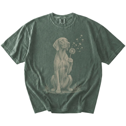 Vizsla portrait with drifting dandelion seeds on a Moss Comfort Colors® T-shirt