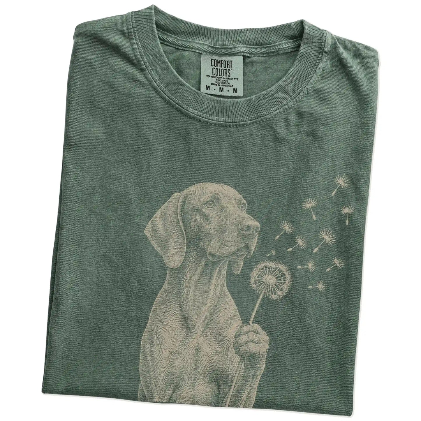 Folded Moss Comfort Colors® T-shirt showing Vizsla portrait with drifting dandelion seeds
