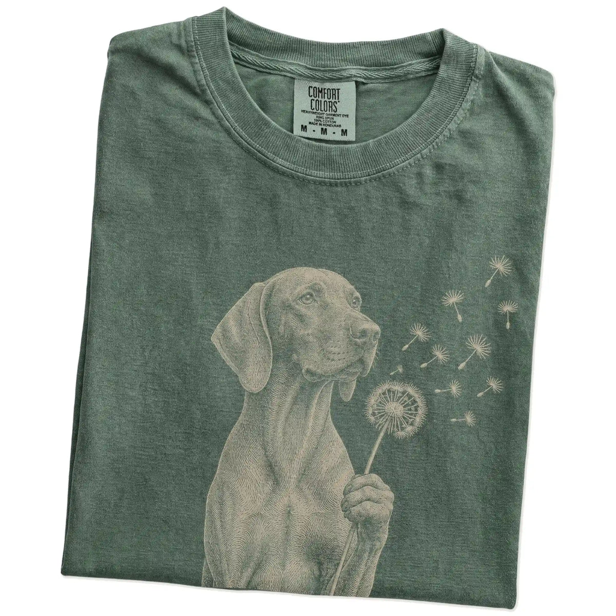 Folded Moss Comfort Colors® T-shirt showing Vizsla portrait with drifting dandelion seeds