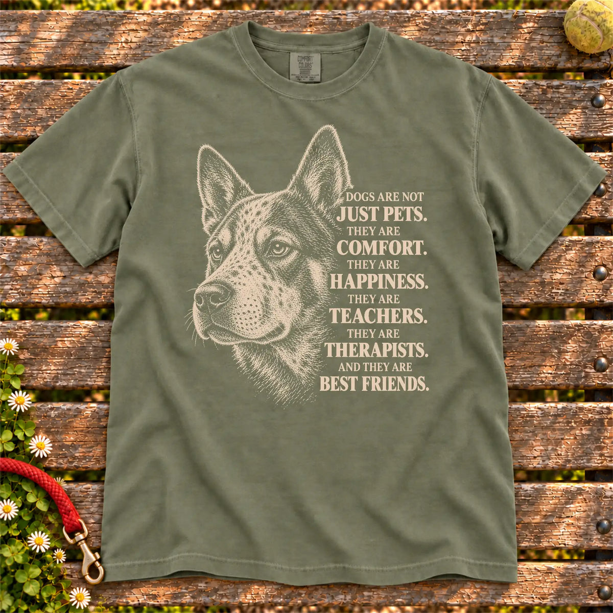 Dogs Are Not Just Pets Blue Heeler text design on a Moss Comfort Colors T-shirt