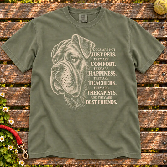 Dogs Are Not Just Pets Cane Corso text design on a Moss Comfort Colors T-shirt