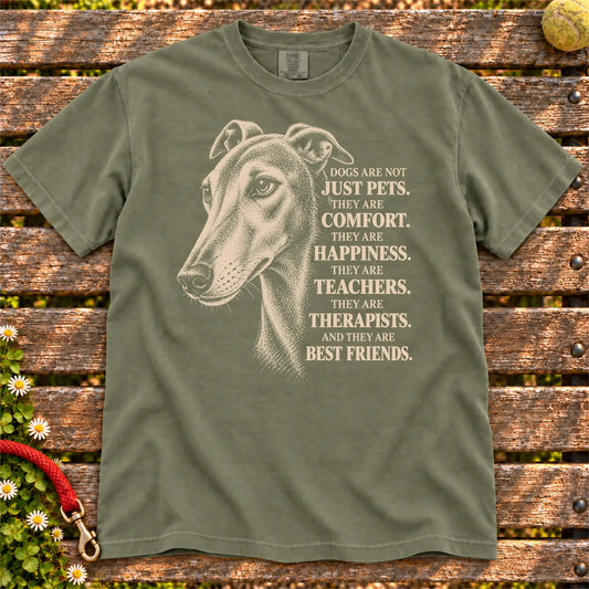 Dogs Are Not Just Pets Greyhound text design on a Moss Comfort Colors T-shirt