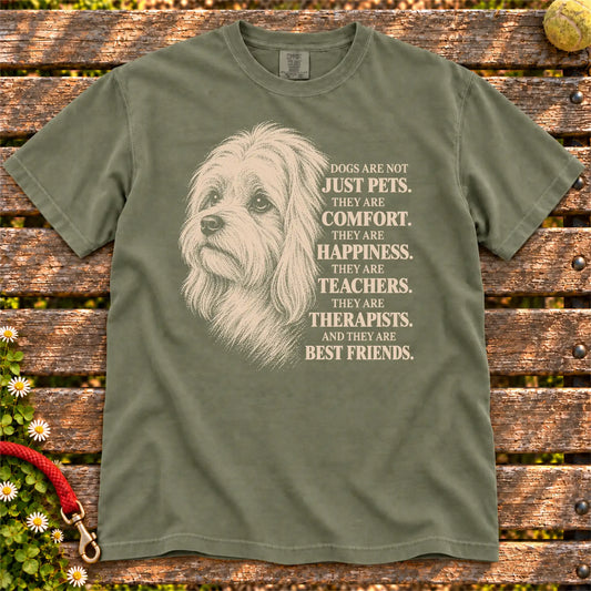 Dogs Are Not Just Pets Maltese text design on a Moss Comfort Colors T-shirt