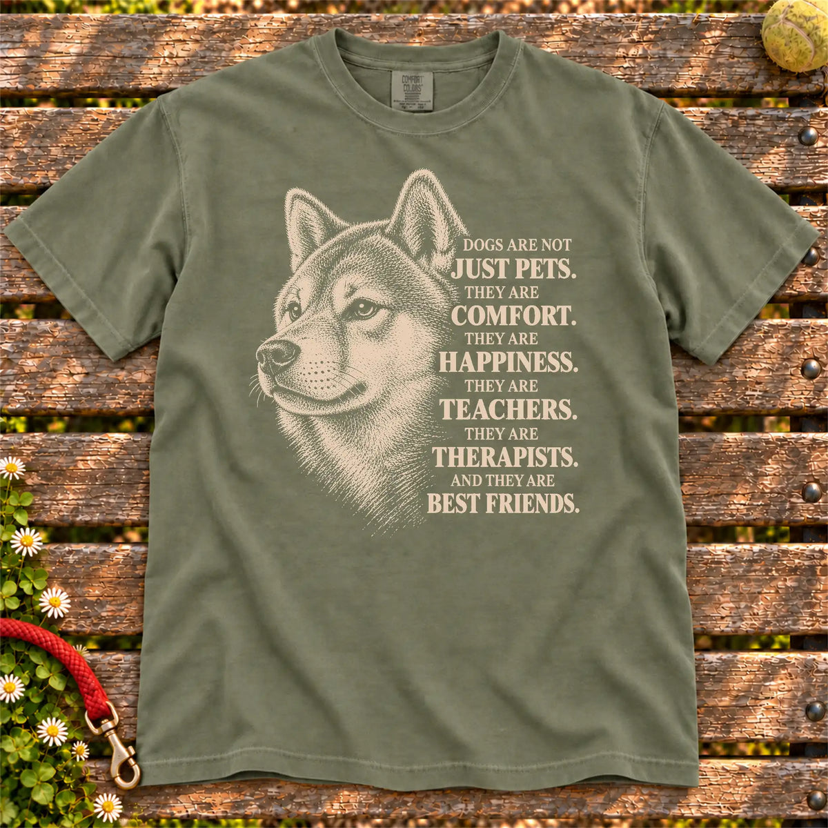 Dogs Are Not Just Pets Shiba Inu text design on a Moss Comfort Colors T-shirt