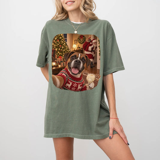 Boxer Eggnog Selfie design on a Moss Comfort Colors® T-shirt worn by a model