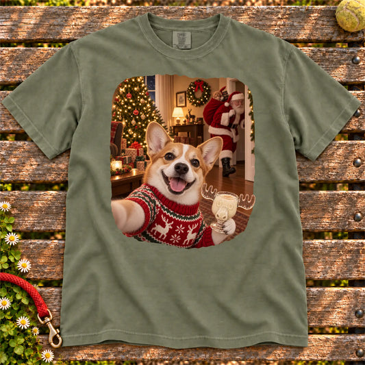 Corgi Eggnog Selfie design on a Moss Comfort Colors® T-shirt