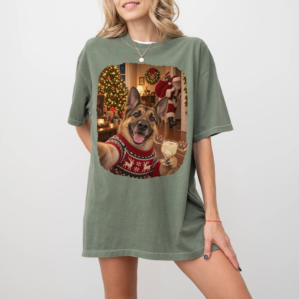 German Shepherd Eggnog Selfie design on a Moss Comfort Colors® T-shirt worn by a model