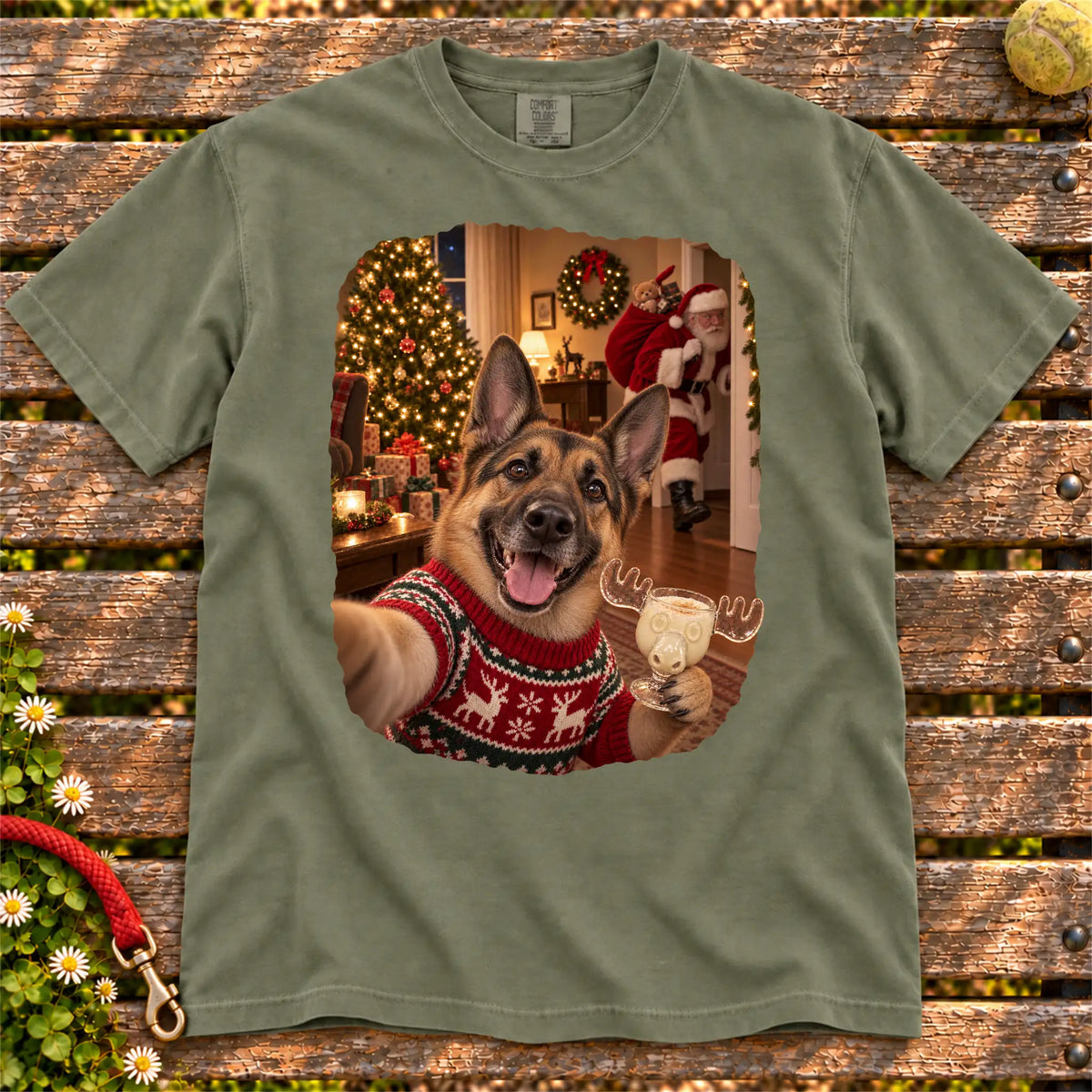 German Shepherd Eggnog Selfie design on a Moss Comfort Colors® T-shirt