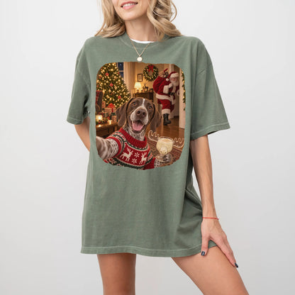 Pointer Eggnog Selfie design on a Moss Comfort Colors® T-shirt worn by a model