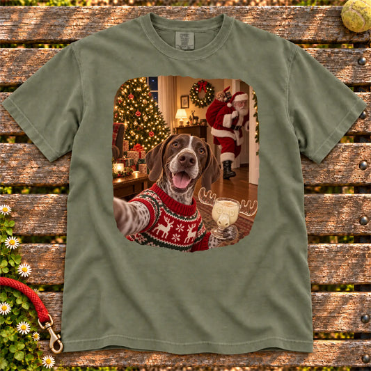 Pointer Eggnog Selfie design on a Moss Comfort Colors® T-shirt