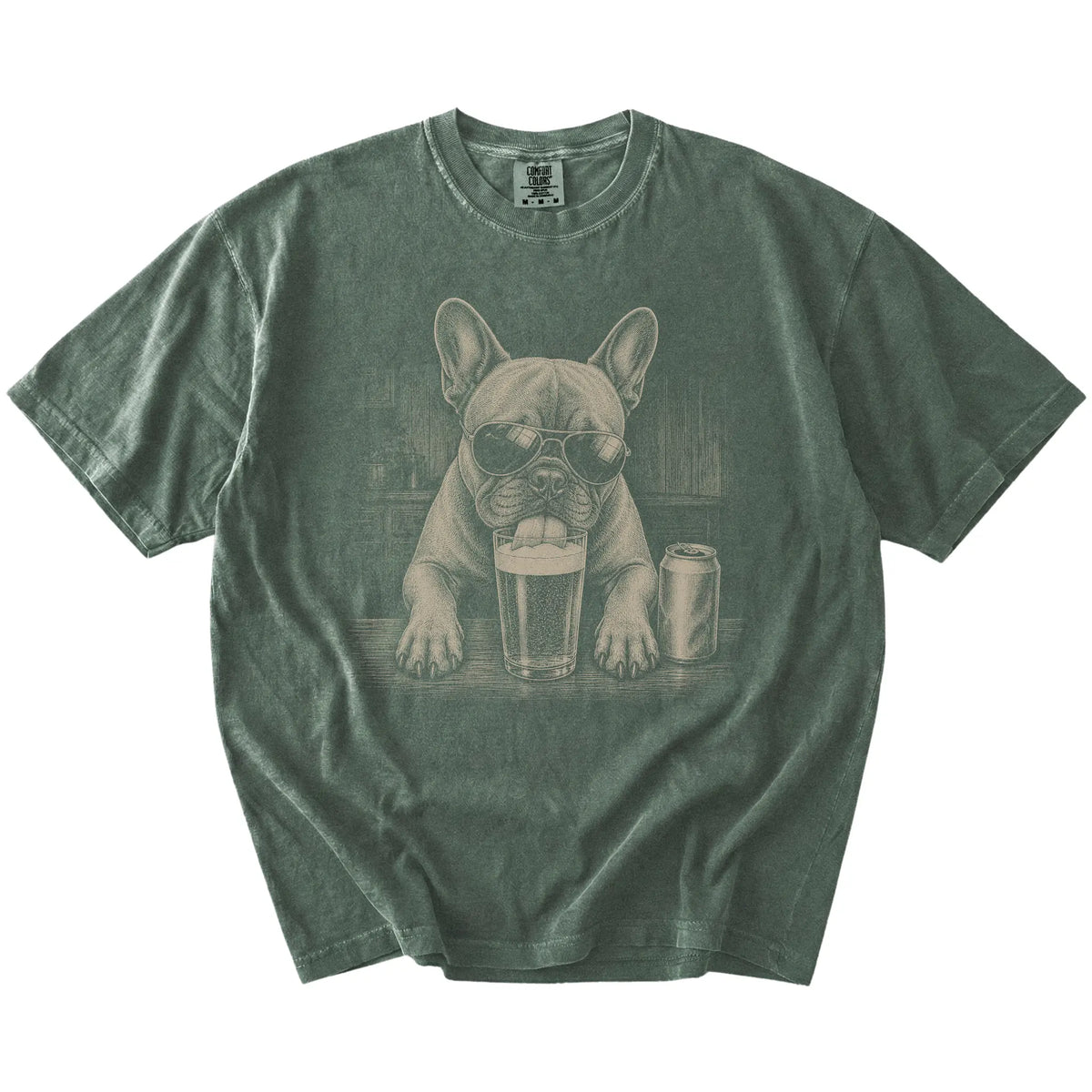 French Bulldog sneaking a drink from a foamy pint at home on a Moss Comfort Colors® t-shirt