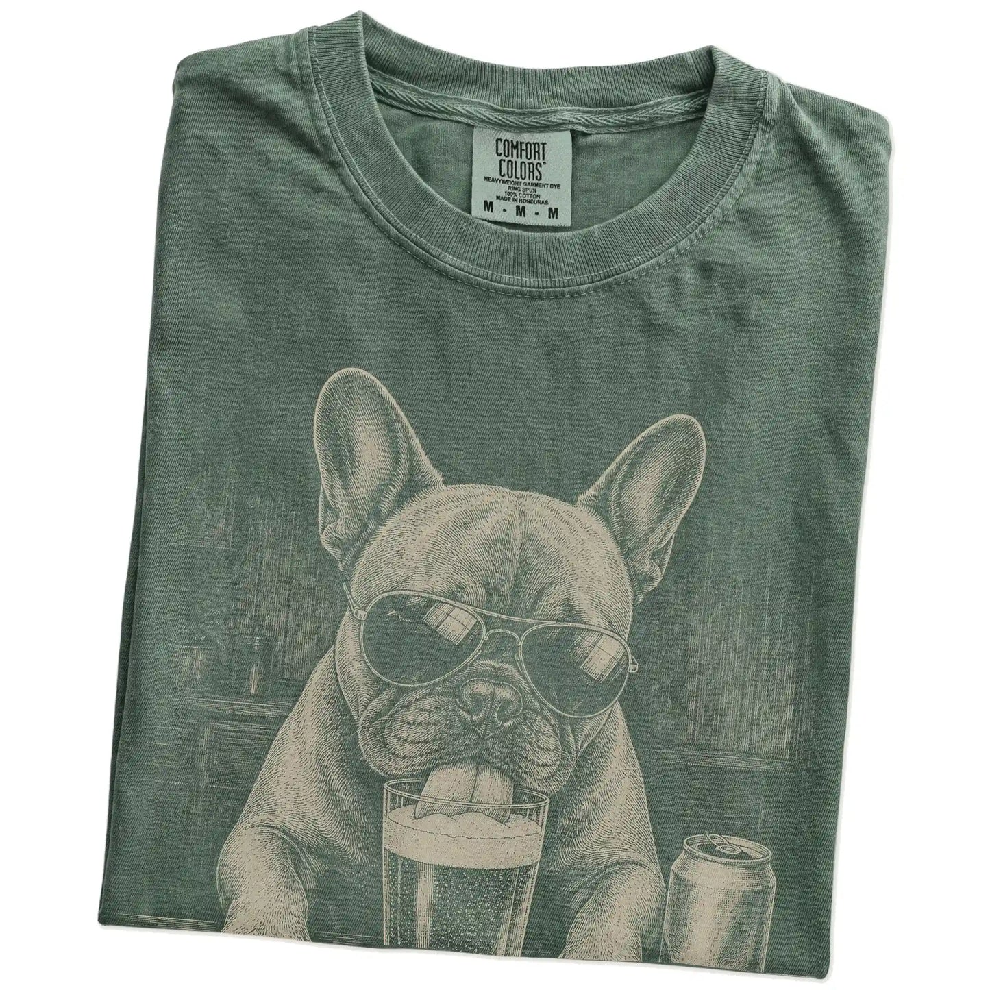 Folded Moss Comfort Colors® t-shirt showing French Bulldog sneaking a drink from a pint