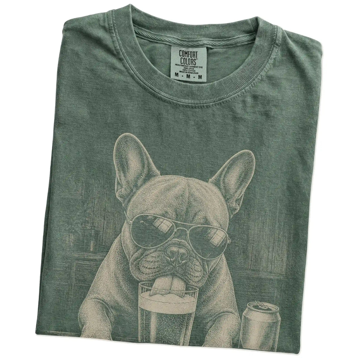 Folded Moss Comfort Colors® t-shirt showing French Bulldog sneaking a drink from a pint