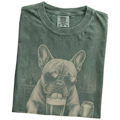 Folded Moss Comfort Colors® t-shirt showing French Bulldog sneaking a drink from a pint