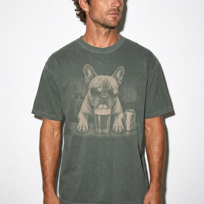 Model wearing a Moss Comfort Colors® t-shirt with French Bulldog sneaking a drink from a pint
