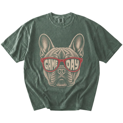 French Bulldog wearing red Game Day sunglasses on a Moss Comfort Colors® T-shirt
