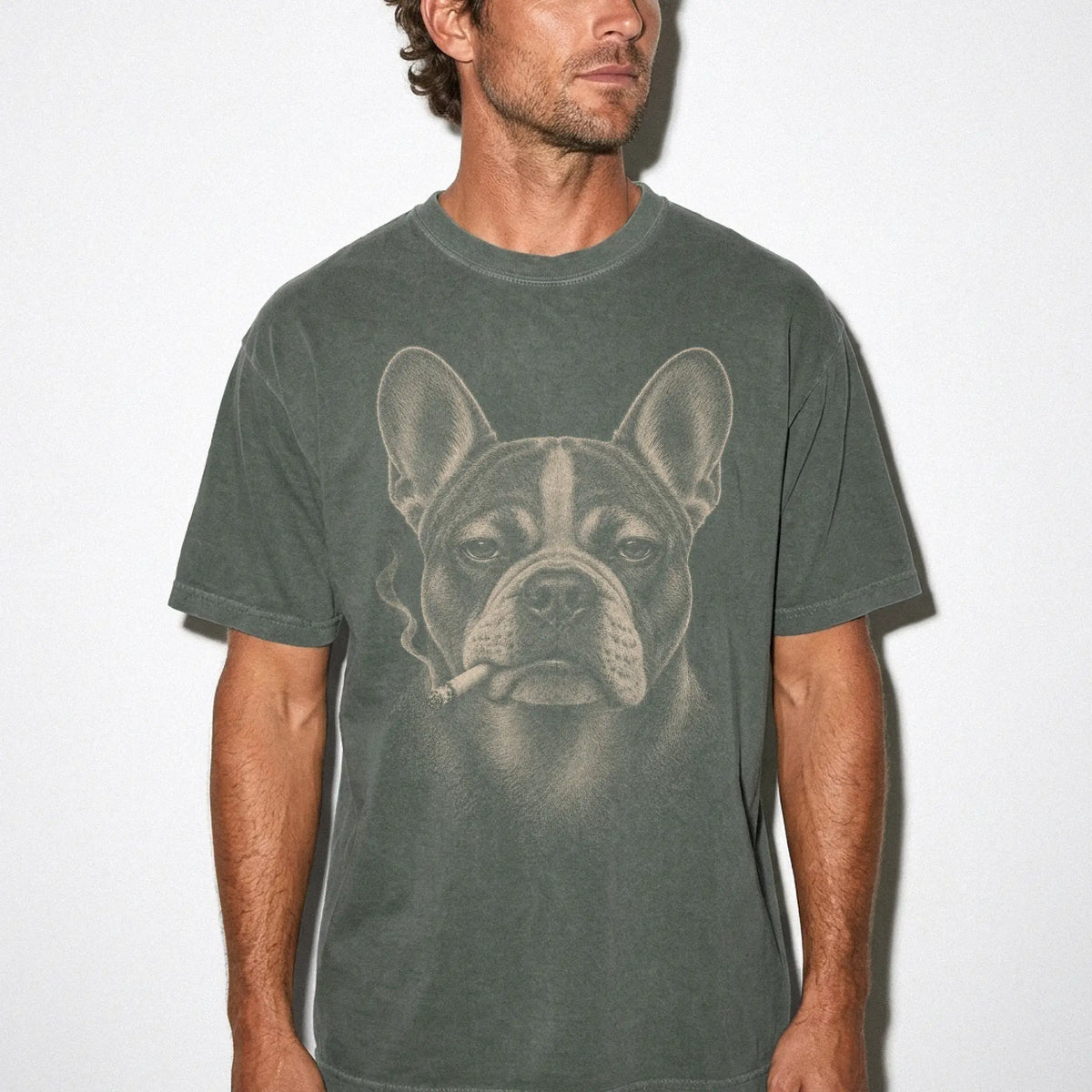 Model wearing a French Bulldog smoking design on a Moss t-shirt
