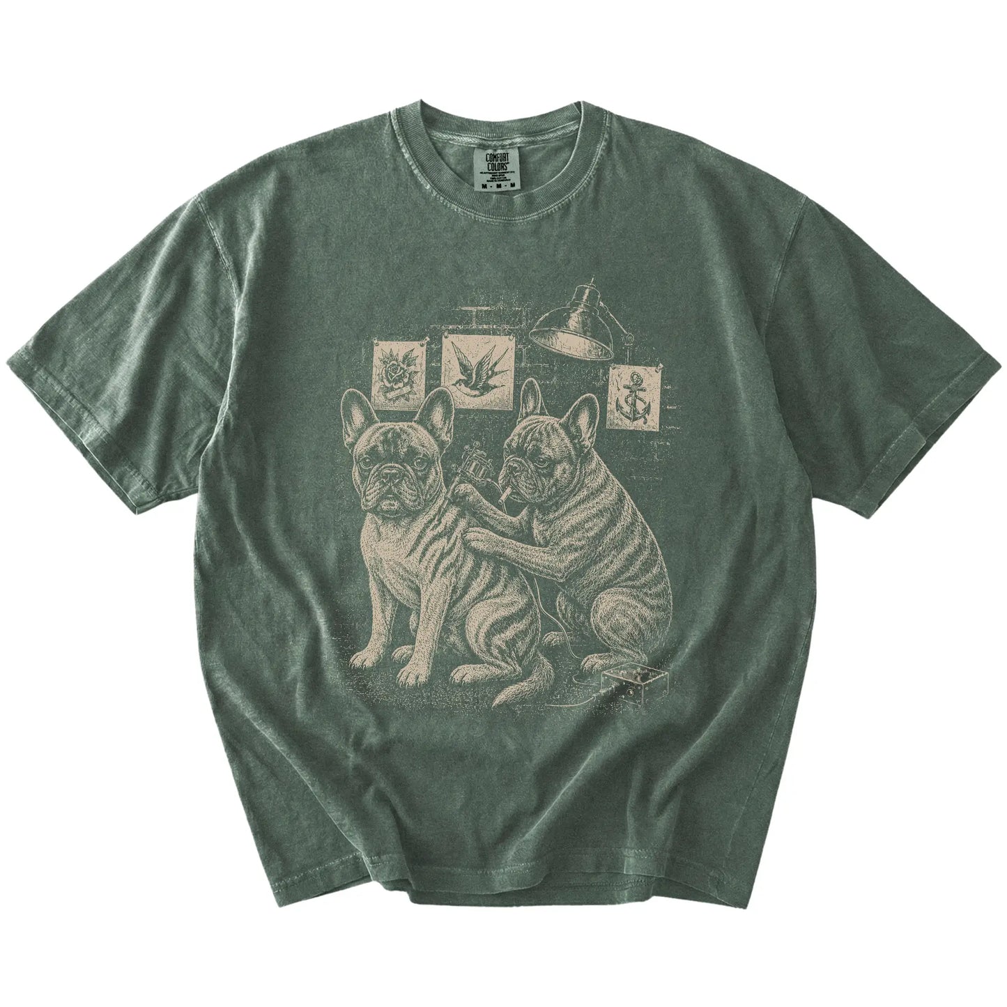 Moss French Bulldog Tattoo t-shirt laid flat