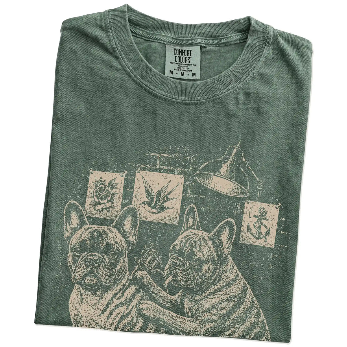 Folded Moss French Bulldog Tattoo t-shirt showing the graphic