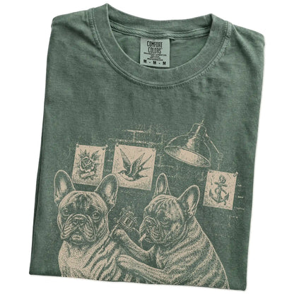 Folded Moss French Bulldog Tattoo t-shirt showing the graphic