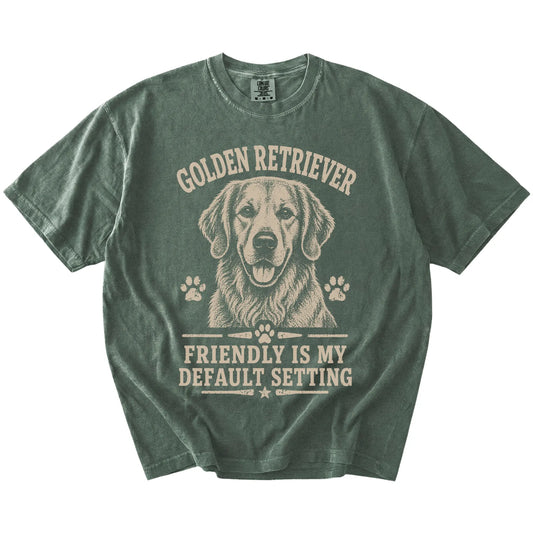 Golden Retriever design with “Friendly Is My Default Setting” lettering on a Moss Comfort Colors® T-shirt